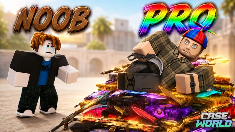 Case World Roblox avatars comparing a noob loadout to a pro case pile